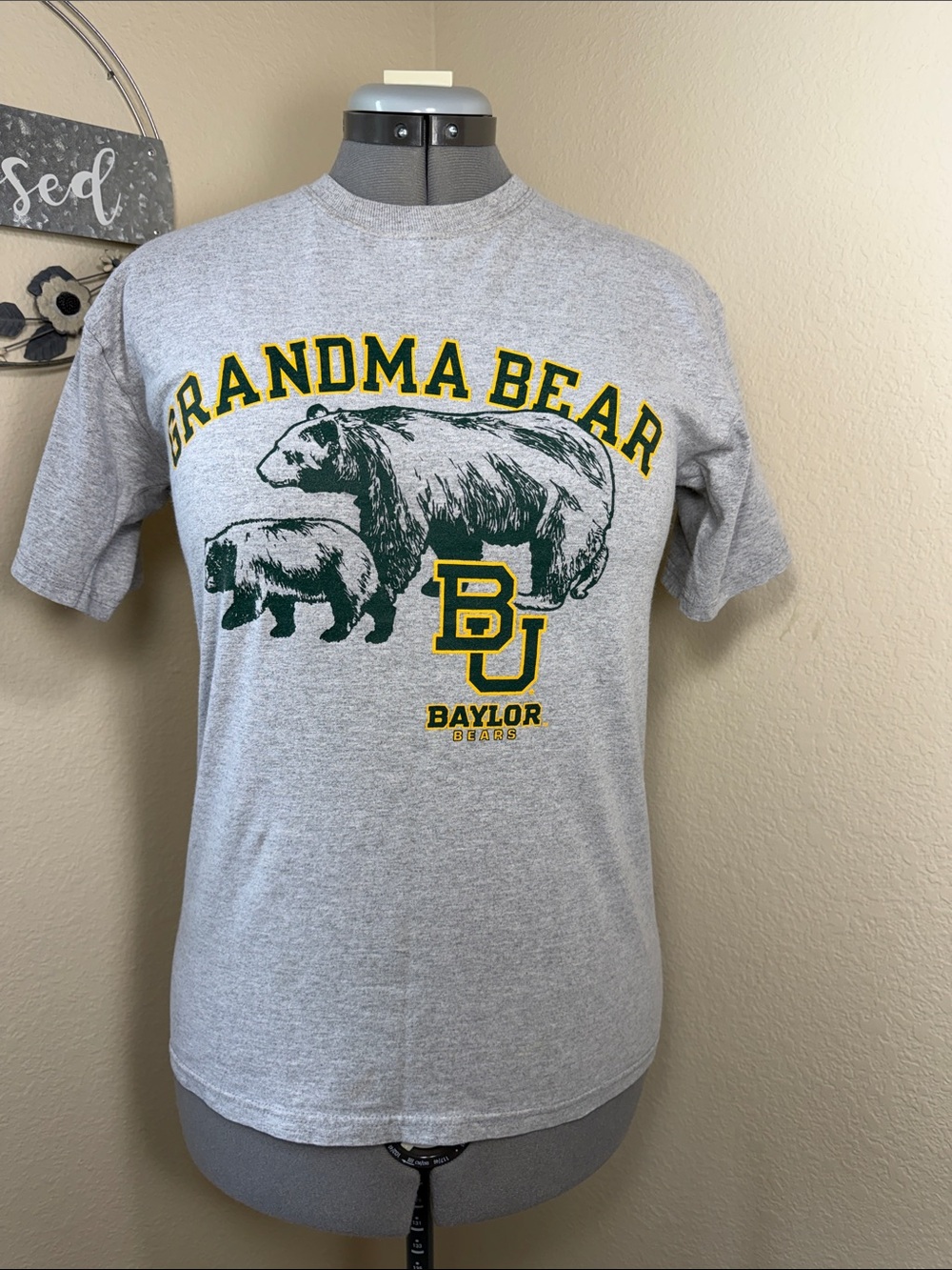 Cozy Champion Baylor "Grandma Bear" Graphic Tee - Gray with Green & Gold Print